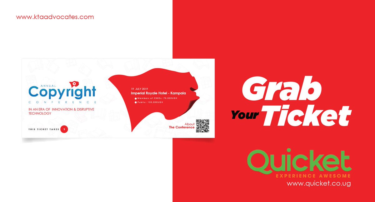 kta_law's tweet image. @QuicketUG gives you the chance to get your ticket early enough with one simple click.

The 2019 #Copyrightconference aims at making society a better place for all #IntellectualProperty owners.

Be part of the solution

qkt.io/CopyrightConfe… 

#InnovateGrowDiscover