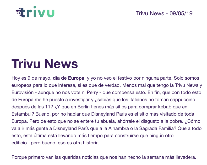 wearetrivu's tweet photo. Nuestra newsletter de hoy va por el #DíaDeEuropa y trae muchas sorpresas y premios fresquitos.
Si tú también quieres recibirla, haz click aquí: https://t.co/4XslElv0QL 👈
#WeAreTrivu #JoinTheTrivu #EuropeDay https://t.co/nHnzj6wtZM
