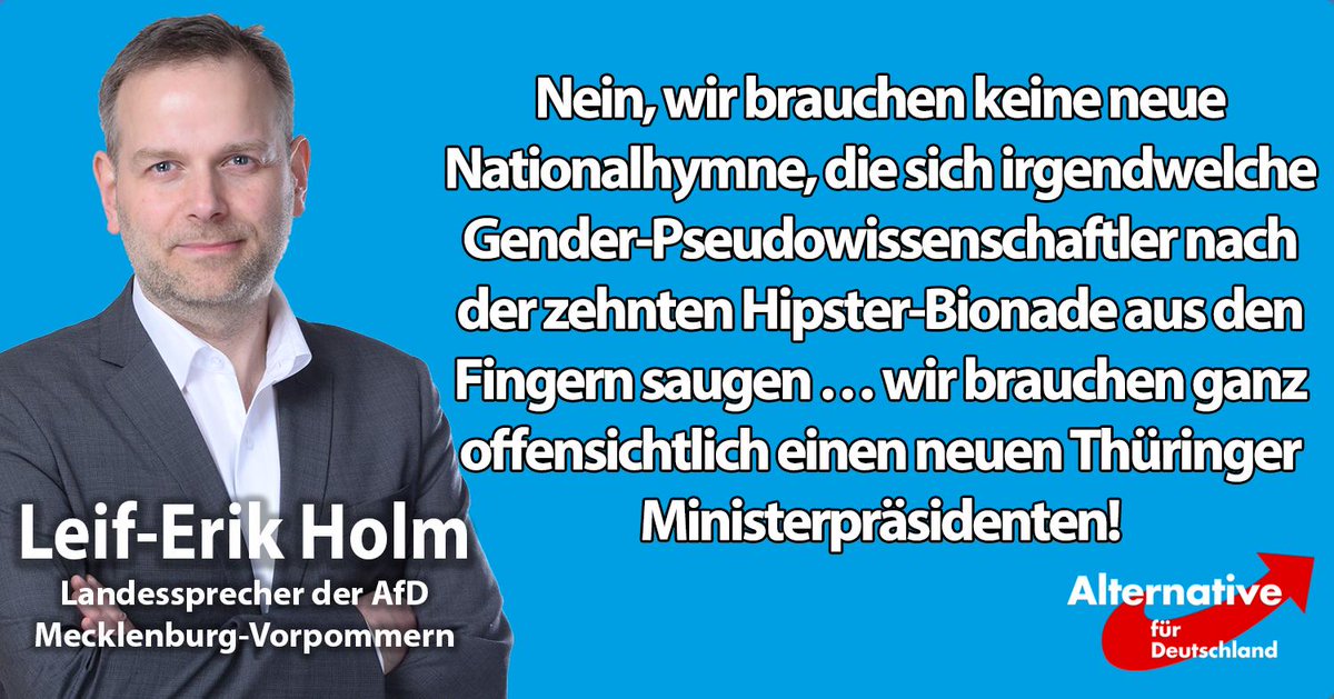 Leif_Erik_Holm's tweet photo. #Ramelow fordert neue #Nationalhymne … vielleicht „Auferstanden aus Ruin_*innen“?

Wundert einen nicht, dass sich die einstigen SED-Herrscher an Wörtern wie „Einigkeit“, „Recht“, „Freiheit“ und „deutsches Vaterland“ stören. #AfD https://t.co/NdePG5KAeE