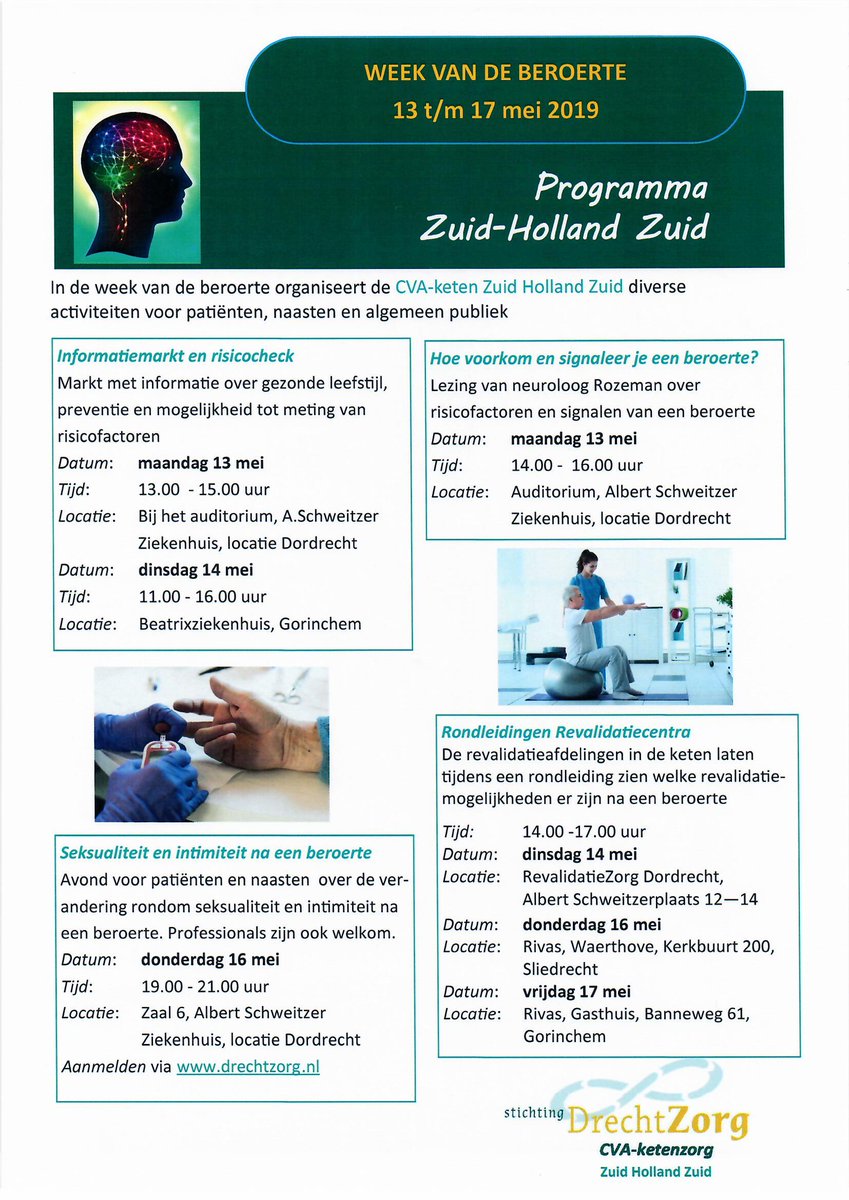 CVA-keten Zuid-Holland Zuid organiseert de week van beroerte ( 13-17 mei 2019). Informatiemarkten, een lezing, een thema-avond en rondleidingen. Een mooie gelegenheid om je te laten informeren over de gevolgen van een beroerte.