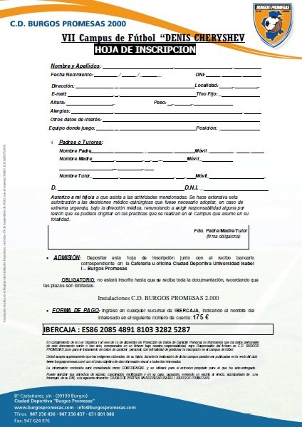 Campus Cheryshev (@campuscheryshev) on Twitter photo Aquí tienes la hoja de inscripción que deberás entregar en la Ciudad Deportiva <a href="/ui1Universidad/">Universidad Isabel I | Tu universidad online</a> del @BurgosPromesas para poder participar en VI Campus <a href="/Cheryshev/">Denis Cheryshev</a> . Apuntate ya! Aquí tienes la hoja de inscripción que deberás entregar en la Ciudad Deportiva <a href="/ui1Universidad/">Universidad Isabel I | Tu universidad online</a> del @BurgosPromesas para poder participar en VI Campus <a href="/Cheryshev/">Denis Cheryshev</a> . Apuntate ya!