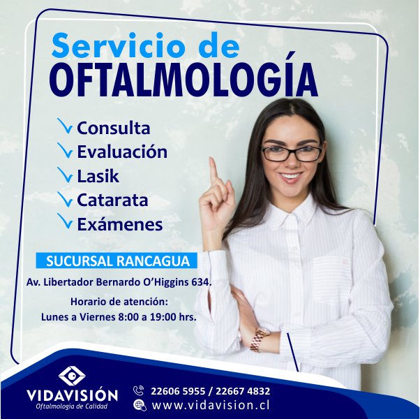vidavision_cl's tweet photo. Servicio de Oftalmología en Rancagua
Consulta, evaluación, exámenes, cirugía cataratas, lasik y cirugías menores. Estamos ubicado en Av. Libertador Bernardo O’Higgins 634 – Rancagua.
Agenda su revisión oftalmológica en https://t.co/lBNs9c6mIj o llamando a 22667 4832 / 22606 5955 https://t.co/qzt37zrPI1