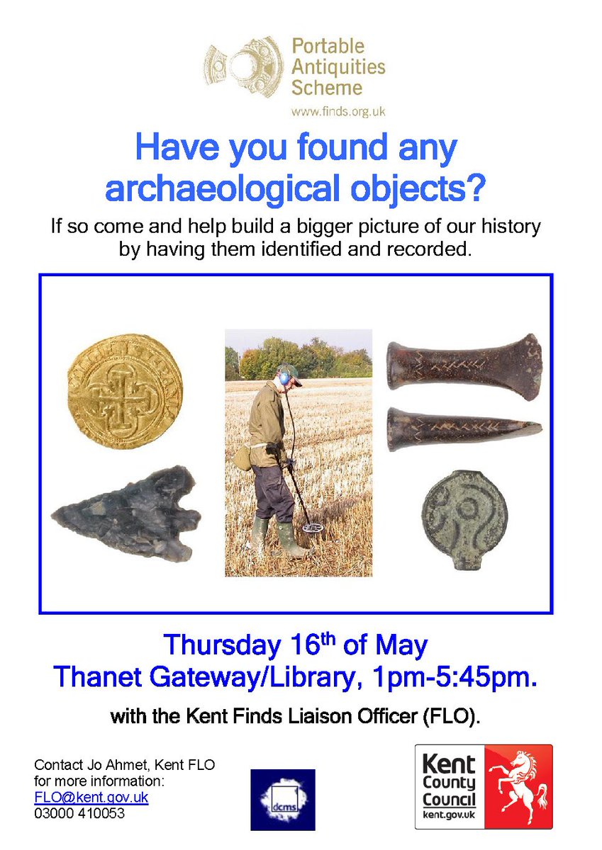 Kent_Finds's tweet photo. Next #FindsSurgery for you to show finds/report treasure to the FLO in East Kent will be at Thanet Library/Gateway on may 16th 1-5:45! https://t.co/h6jPDjX5h6