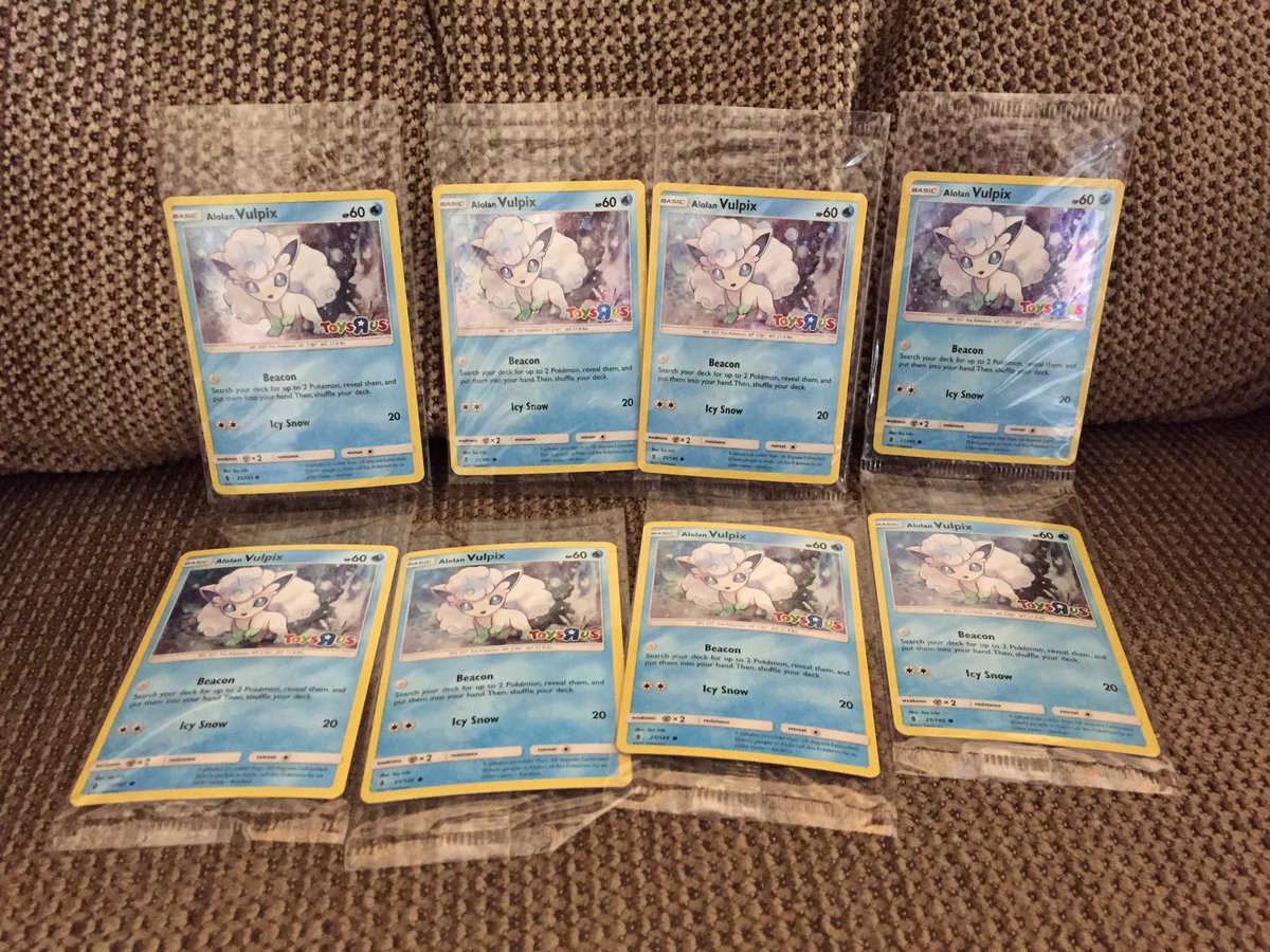 Scarlie_V's tweet photo. Oh my gosh I am so excited I got 8 Toys “R” Us Alolan Vulpix promo cards today and all of them are sealed so now I have 13 in my collection I am so happy ❤️ #Vulpix #alolanvulpix #vulpixlove #vulpixcard #alolanvulpixcard #pokemon #Nintendo #toysrus #PokemonTCG #TCG https://t.co/KHDzKrVHpX
