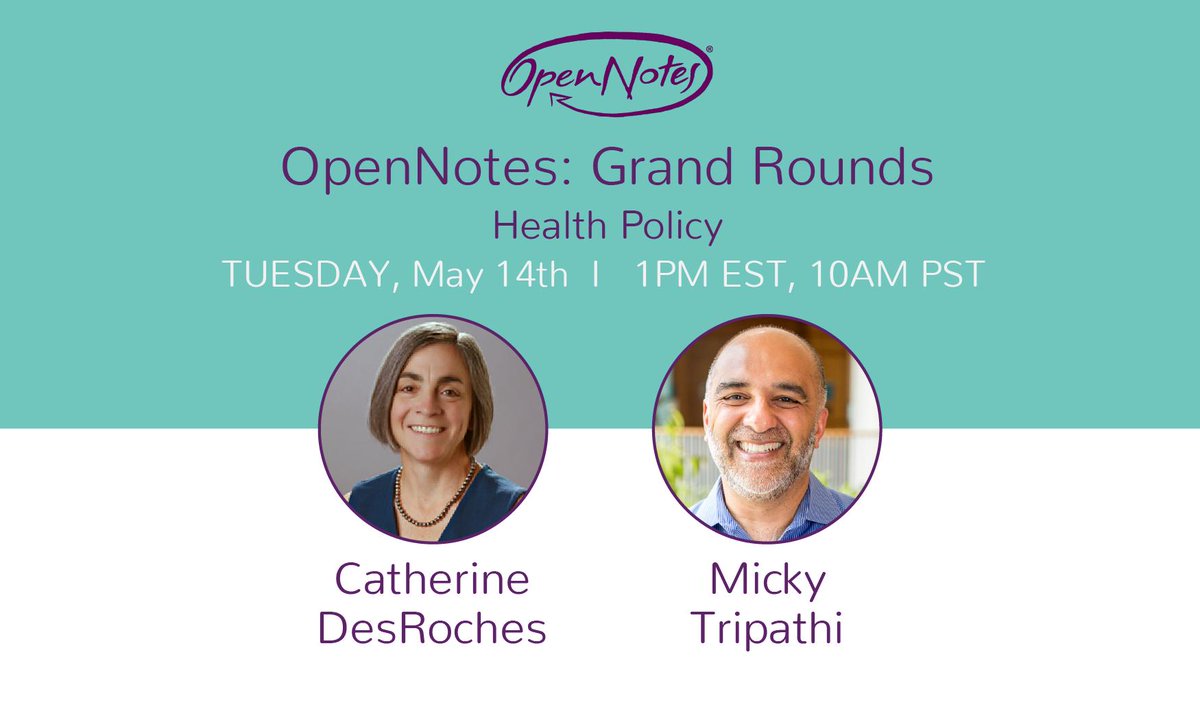 Register for #OpenNotes Grand Rounds with <a href="/mickytripathi1/">micky tripathi</a> and <a href="/cmd418/">Cait DesRoches, DrPH</a>.

🗓️Tuesday, May 14 at 1pm ET
We'll be discussing:
✔️How transparency is evolving in healthcare
✔️21st Century Cures Act
✔️#Interoperability and #FHIR

Free registration: opennotes.org/news/opennotes… #hitsm