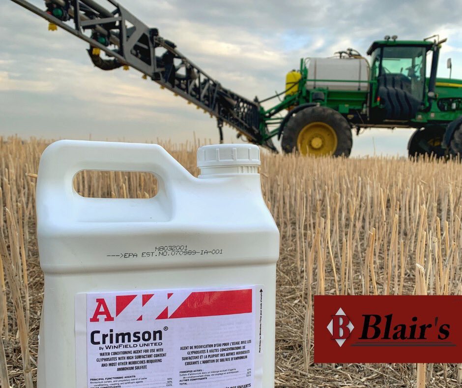 Your cheapest input may be tying up your herbicides. Limit risk &amp; get peak performance by TESTING your spray water quality. Crimson: premix of AMS &amp; blend of H2O conditioning &amp; antifoam agents that ties up cations = less tie up for herbicides so they can be most effective #Blairs