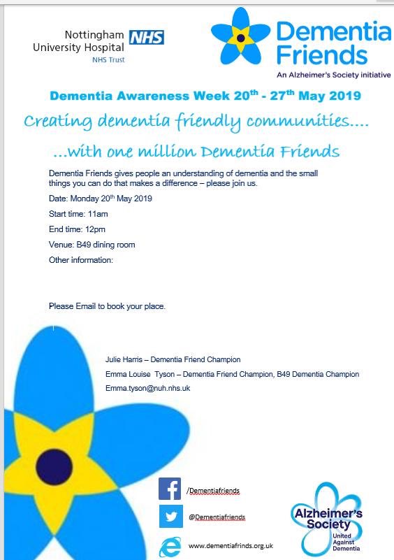 B49 are hosting dementia training. Create dementia friendly environments. Come along, cake provided. 20 may, Monday @ 11am. Get your badge. All welcome. #DementiaRevolution  #B49Rocks @EmmalouiseTyson  @HcopTeam @NUHMedicine @DementiaFriends @nuhpatientgroup @AnnMarieRiley10