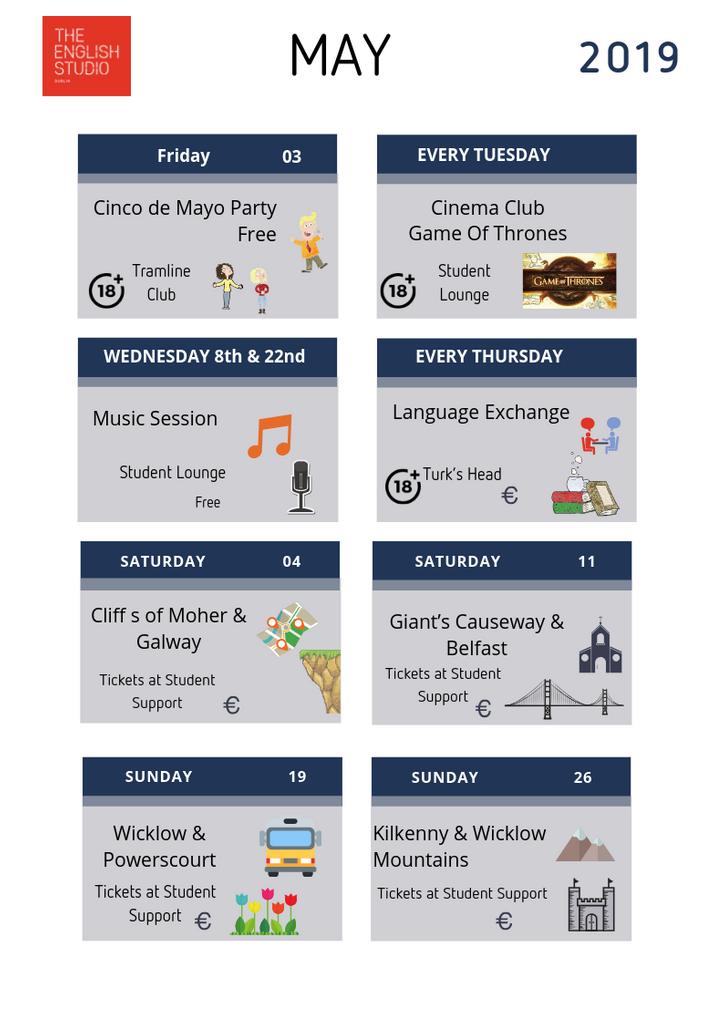 englishstudioD's tweet photo. Check out our social calendar for May!!!🤩🌞
Stay tune on our Social Media for updates about all the events happening at the school!😎
For the full month calendar go to our page: https://t.co/AC5a17CwhG

#EnglishStudioSocial #LearnEnglishInDublin  #LanguageSchool https://t.co/oXHwf3zeQ6