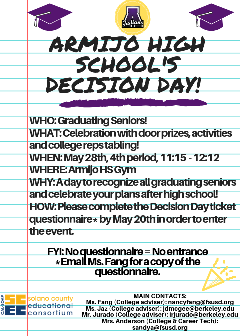 SCECAdvisers's tweet photo. So excited to bring the second Decision Day to Armijo! Don't miss out, Seniors and complete your questionnaire to attend! @armijo2019 @ArmijoHigh @ArmijoSignal @Armijo_ASB @SolanoCountyRPC @KristenWitt13 @SheilaB_Smith @LisaMJDavis @FairfieldSuisun https://t.co/xPZBrsszLm