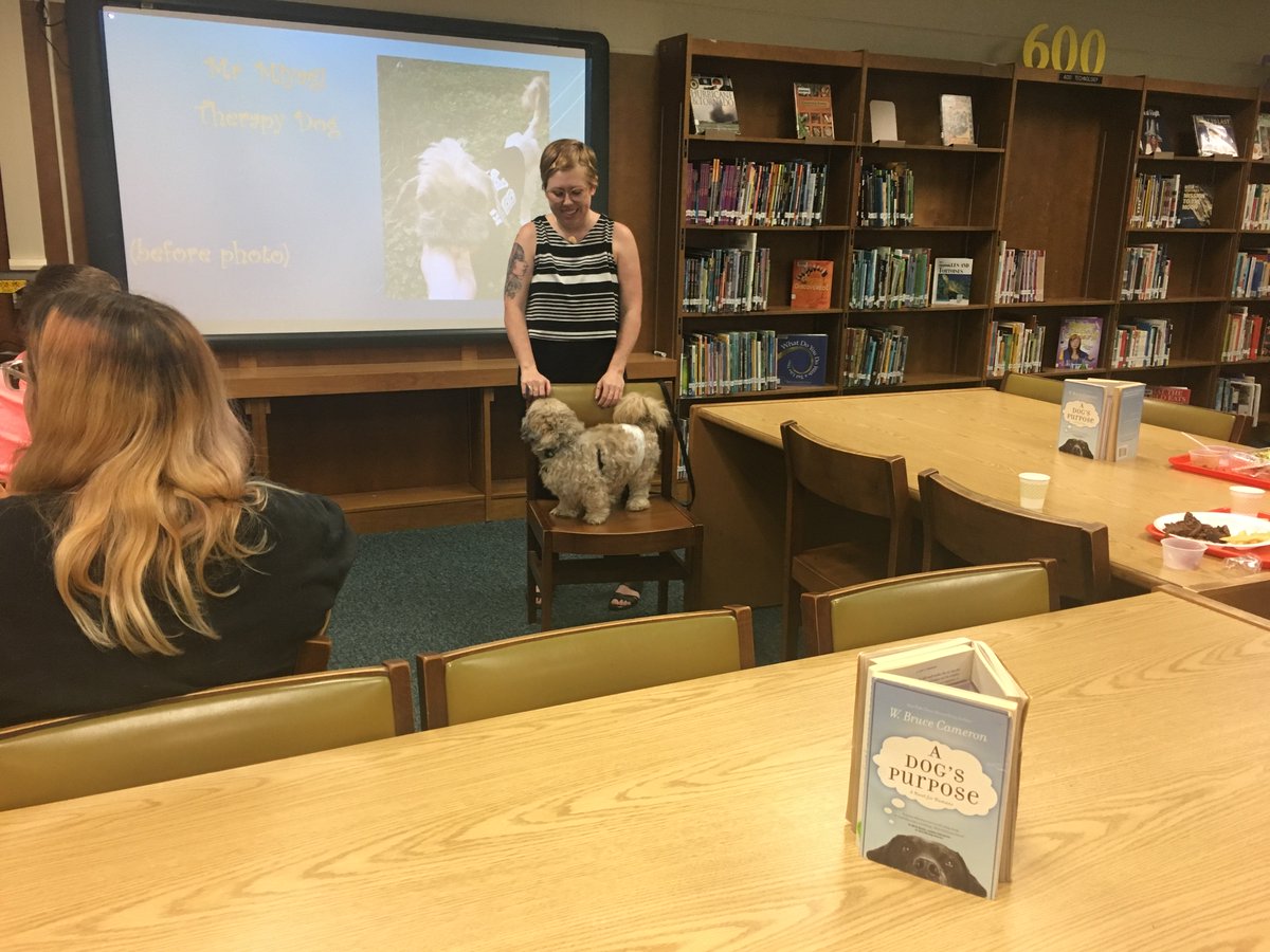 JRMSLibrary's tweet image. #rolferockingreadersbookclub welcomed Mr. Miyagi and his owner Mrs. Brockman from @RichmondSPCA. Since we&apos;ve been reading &quot;A Dog&apos;s Purpose&quot; by @wbrucecameron. We learned about emotional support dogs and rescue. @hcpslib @HenricoSchools @AmyCashwell @DrJackson_EDU @JohnRolfeMS