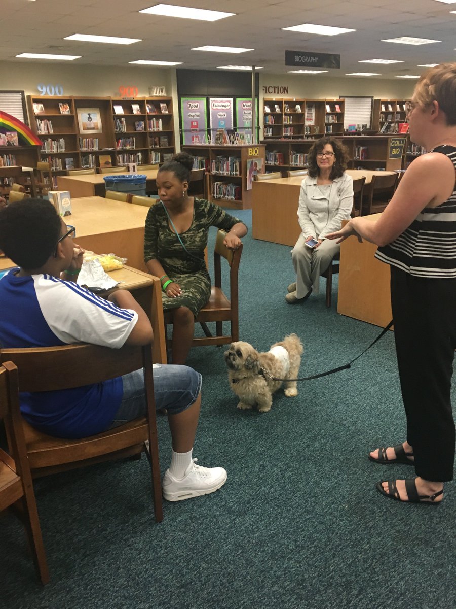 JRMSLibrary's tweet image. #rolferockingreadersbookclub welcomed Mr. Miyagi and his owner Mrs. Brockman from @RichmondSPCA. Since we&apos;ve been reading &quot;A Dog&apos;s Purpose&quot; by @wbrucecameron. We learned about emotional support dogs and rescue. @hcpslib @HenricoSchools @AmyCashwell @DrJackson_EDU @JohnRolfeMS