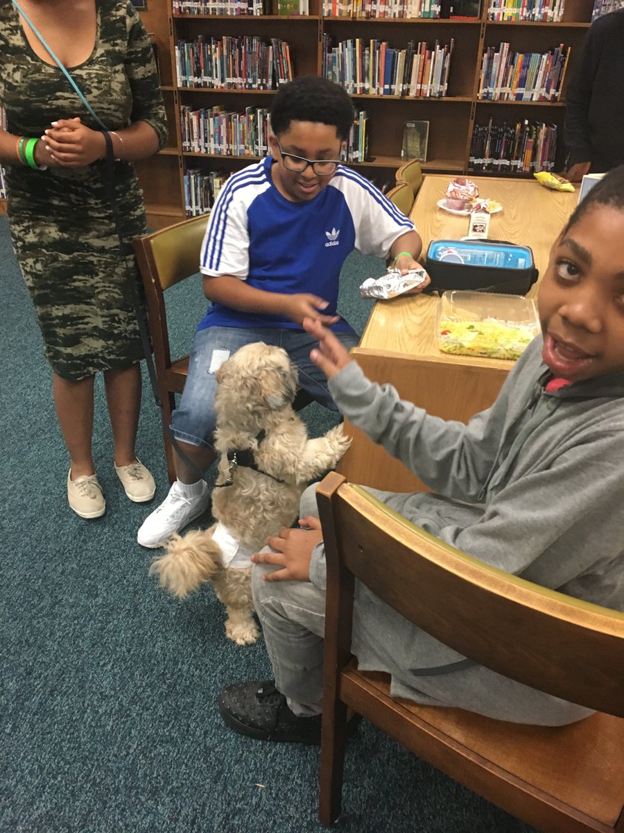 JRMSLibrary's tweet image. #rolferockingreadersbookclub welcomed Mr. Miyagi and his owner Mrs. Brockman from @RichmondSPCA. Since we&apos;ve been reading &quot;A Dog&apos;s Purpose&quot; by @wbrucecameron. We learned about emotional support dogs and rescue. @hcpslib @HenricoSchools @AmyCashwell @DrJackson_EDU @JohnRolfeMS