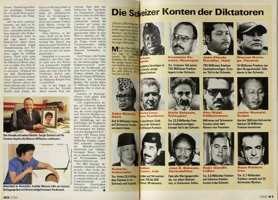 SwissMagazine Schweizer Illustrierte ने अपने नवंबर 1991 के अंक में दुनिया के 14 भ्रष्टतम नेताओं में भारत के पूर्व प्रधानमंत्री स्व० राजीव गांधी की फोटो भी छापी थी। 
इस रिपोर्ट में उल्लिखित था कि हथियार सौदों में मिली रिश्वत को राजीव गांधी ने स्विस बैंकों में जमा किया था.
