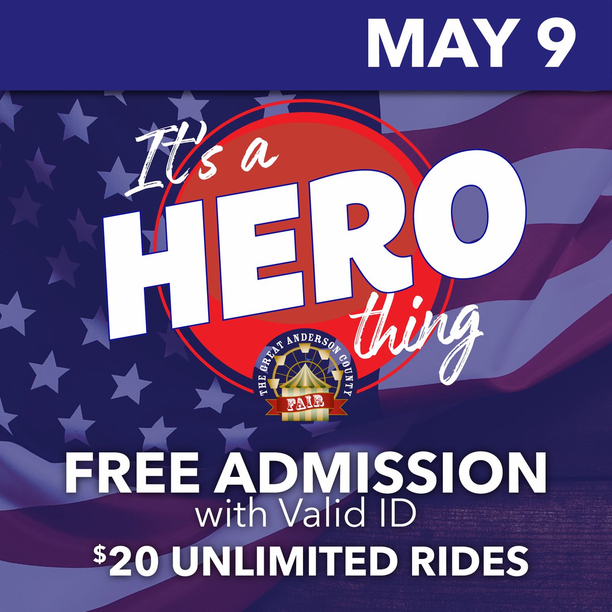 AndersonFair's tweet image. Heroes Day! All active, reserve or retired military veterans, law enforcement, fire fighters, and first responders are admitted FREE with valid ID. We will also be offering "Pay One Price Rides" – $20 Unlimited Rides. #heroes #itsafairthing