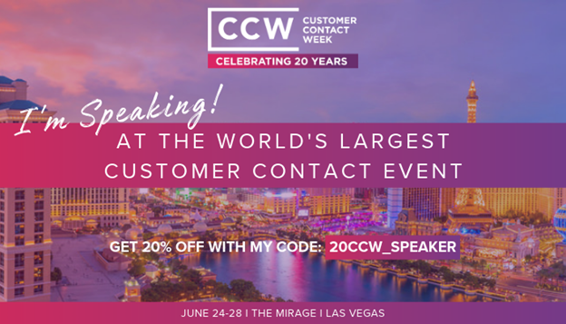 MattSCecil's tweet image. I’m proud to be speaking at @CustContactWeek in Vegas this June 24-28 as they celebrate 20 years!  Join me for my session and take 20% off your registration with my code 20CCW_SPEAKER!  Register here: buff.ly/2OoE4NZ #20YearsofCCW