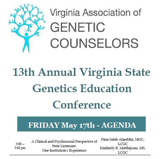 DinaAlaeddin's tweet photo. Excited to be giving a talk at the 13th annual VA state genetics education conference! #vaagc #education #genetics #iamageneticcounselor #conference https://t.co/1JEm146kuJ