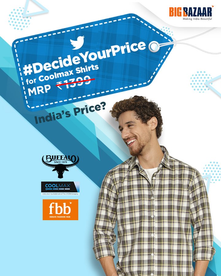 BigBazaar's tweet photo. It’s time to retweet and #DecideYourPrice for CoolMax Shirts. 
Every retweet reduces the product price by ₹.3 https://t.co/5998tLjFDG  @fbb_india https://t.co/UnXjNS7kKJ