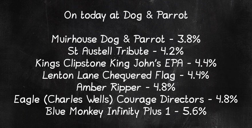 Dog & Parrot Eastwood (@dogandparrot) on Twitter photo On the bar today!
Beer Board: bit.ly/2vu8OV3
@Mhousebrewery <a href="/StAustellBrew/">St Austell Brewery</a> <a href="/lentonlane/">Lenton Lane Brewery</a> <a href="/amberales/">Pete</a> <a href="/theeaglebrewery/">Eagle Brewery</a> @bluemonkeybrew
#RealAleFinder On the bar today!
Beer Board: bit.ly/2vu8OV3
@Mhousebrewery <a href="/StAustellBrew/">St Austell Brewery</a> <a href="/lentonlane/">Lenton Lane Brewery</a> <a href="/amberales/">Pete</a> <a href="/theeaglebrewery/">Eagle Brewery</a> @bluemonkeybrew
#RealAleFinder