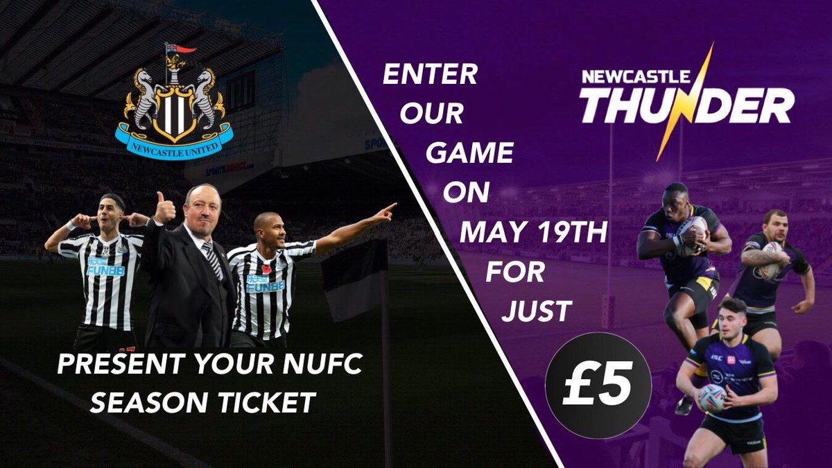 ThunderRugby's tweet photo. Calling all @NUFC fans, you can enter our game against @Cougarmania on Sunday 19th May at Kingston Park for just a fiver! Come and try it out, you won’t leave disappointed. All you need to do is bring your NUFC season ticket on the day #Newcastle #Thunder https://t.co/8cyGAJhRi4