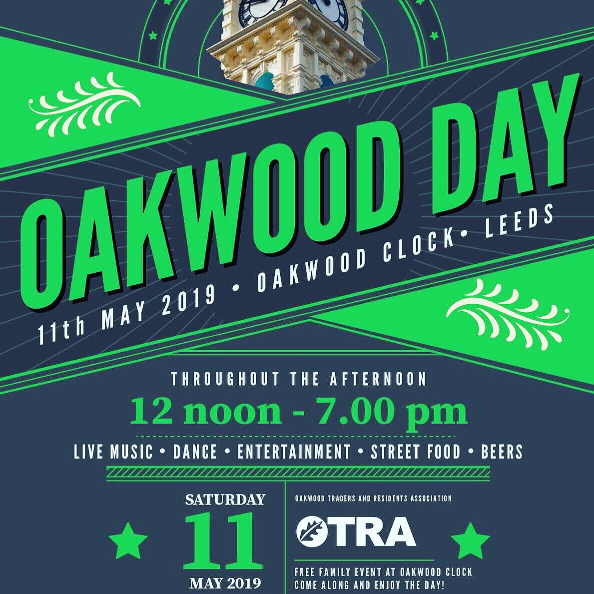 This Saturday free family fun day at Oakwood Clock 12-7pm. Street food, children’s entertainment, stalls,beers,Prosecco van and live music. #OakwoodDay2019