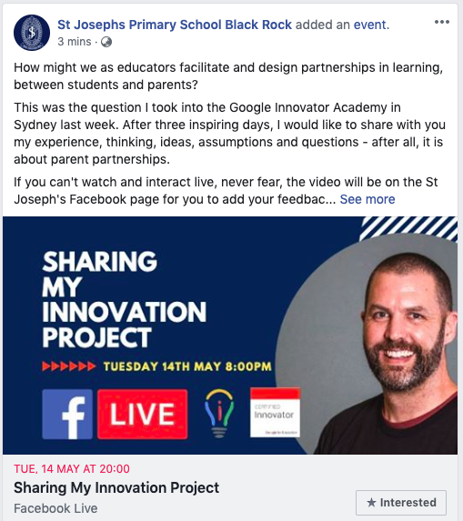Preparing to share my #GoogleEI prototype with my school community via Facebook Live next week. Searching for feedback and insight from parents who are at the heart of children's successful learning. #SYD19 #AussieEd #LearningBackpack #Community #Parent #Partnerships