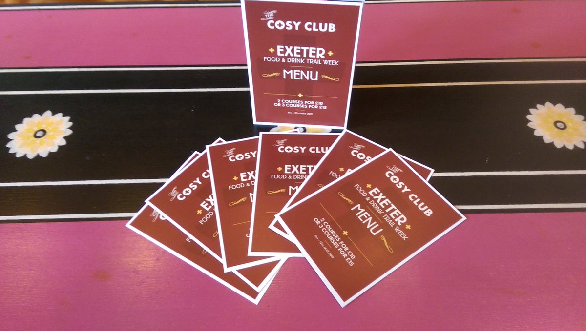 CosyClubExeter's tweet photo. Have you tried our Exeter Food &amp; Drink Trail Week Menu yet?
It's 2 courses for £10 or 3 for £15. Just until the 12th of May.
#exeter #foodanddrink #trailweek https://t.co/xfvdASW9c7