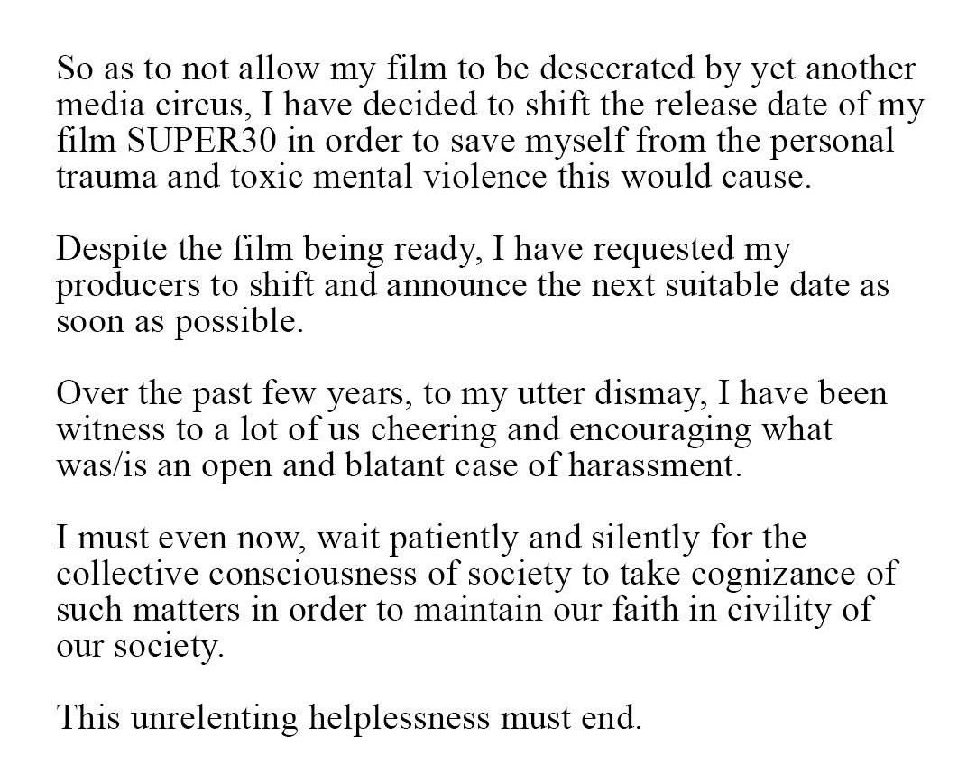Hrithik to shift the release date of Super 30 1