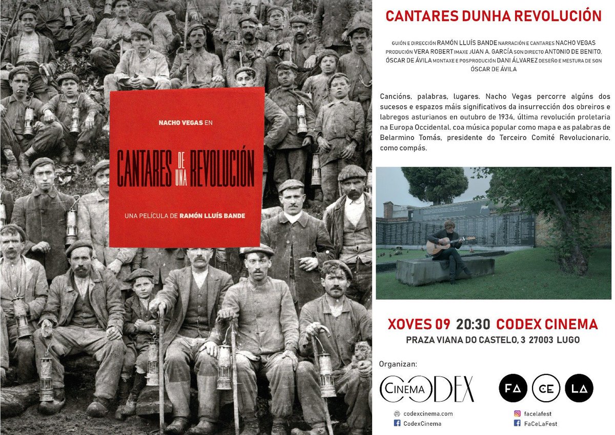 chobrein's tweet photo. Hoy se proyecta en pase único #cantaresdeunarevolucion de Ramón Lluís Bande junto a Nacho Vegas en @CinemaCodex en colaboración con @FaCeLaLugo. Una oportunidad única para adentrarse en la historia del "último intento de revolución obrera en Europa Occidental". Nos vemos https://t.co/KAFFm9P0NO
