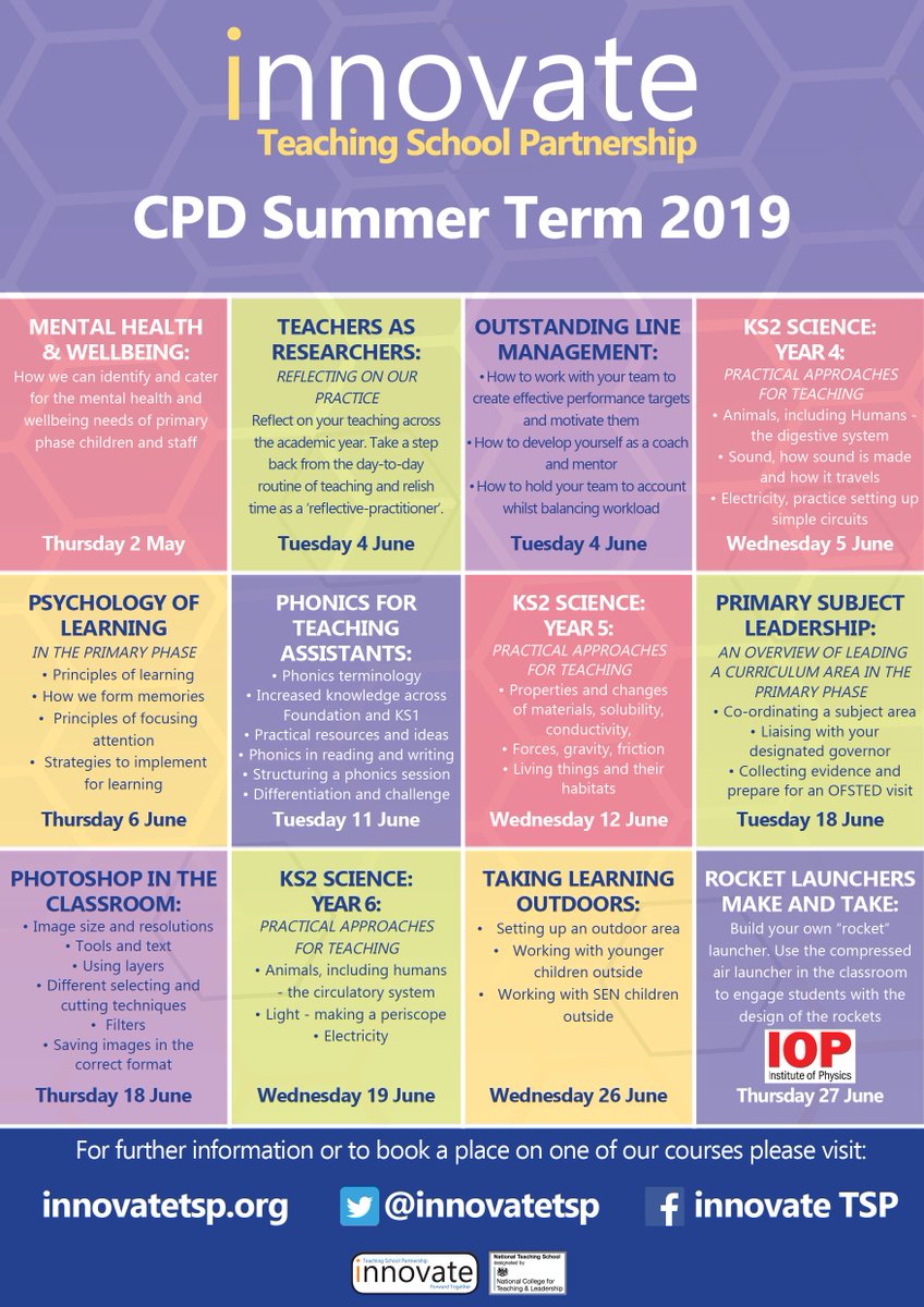 innovatetsp's tweet image. Excited to share our Summer term CPD events for 2019. If you are interested in any of the courses please see our website innovatetsp.org/index.php/cpd #teacherCPD
