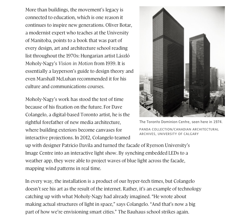 dcolangelo2's tweet photo. Quoted in yesterday's Globe and Mail! From concrete-slab towers to sans-serif fonts, Bauhaus marks 100 years of influencing design https://t.co/OoQ36mbyjy? #mediaarchitecture #bauhaus #moholynagy @LMN_Foundation https://t.co/2p9rC2vwYc