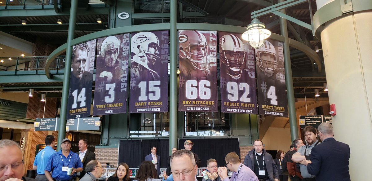 RCCiam's tweet image. How about this venue? I am at Lambeau Field to present on IoT at #Pro4M Honored to be invited and in awe of the Hall of Famers on the walls here.