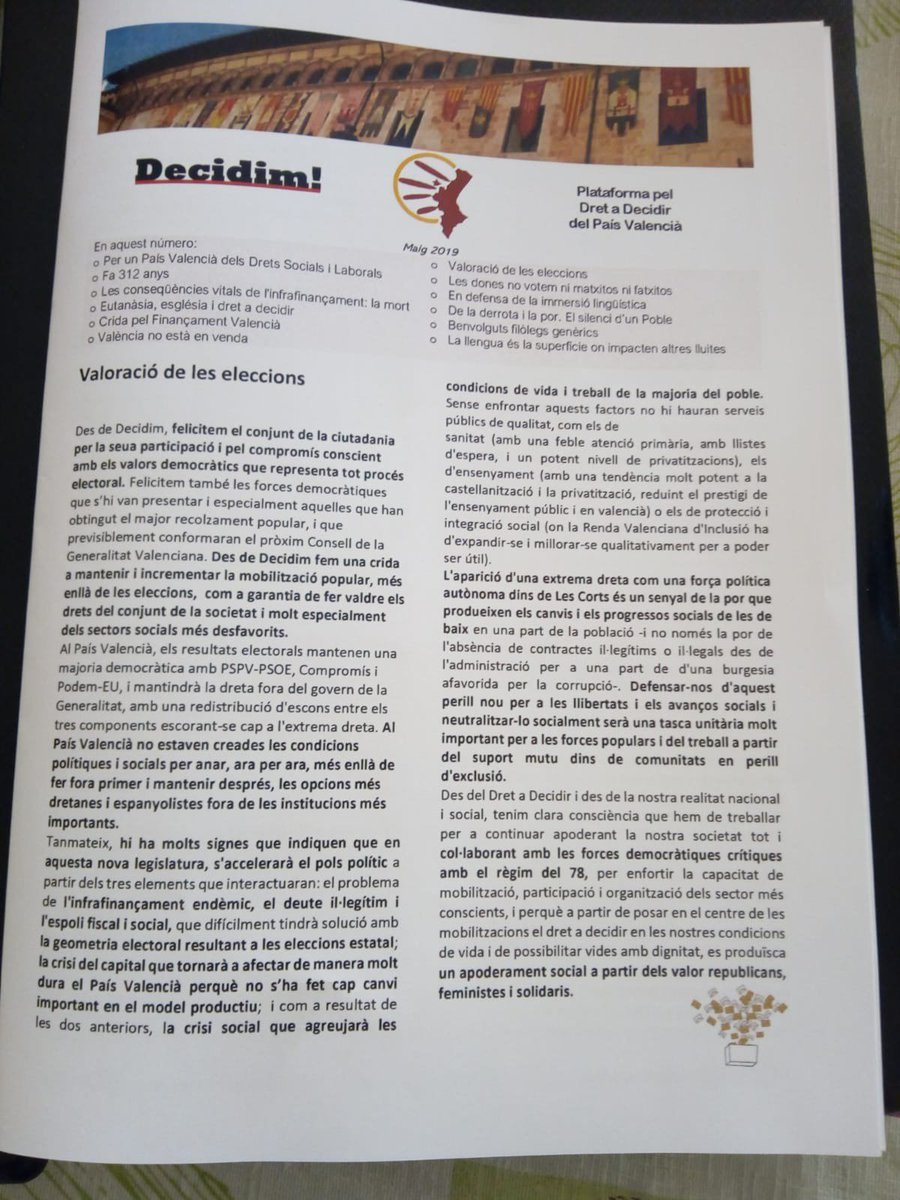 Decidim_'s tweet photo. Ja està disponible la revista mensual de Decidim, amb articles, declaracions, convocatòries, propostes a la societat... En aquest número articles de @EncarnaCanet @lapedraielmarge, @ZahiaGC @InfanteAntoni, @XusFrare  @jaume_monfort, B. Casanova, J. Meneu... https://t.co/oWhKZhab29