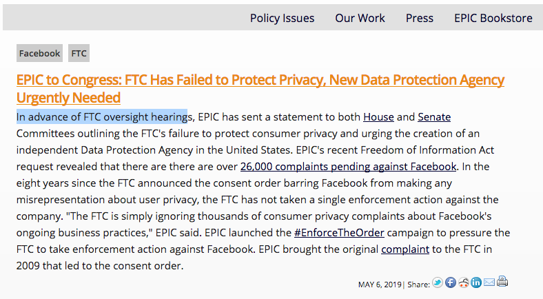 MarcRotenberg's tweet photo. @chrishughes @facebook @nytimes Yes, this is the argument that @EPICprivacy has made throughout debate over the consent order (which @EPICprivacy helped establish). Key is for @FTC to act NOW. #EnforceTheOrder. We also support creation of data protection agency. https://t.co/vXFi0F1VSa https://t.co/OfaKdRkQ1a