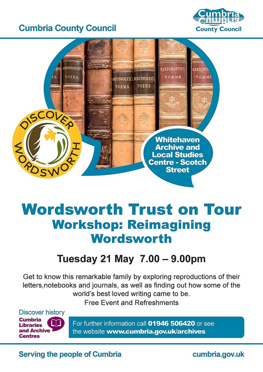 Fantastic workshop 'Reimagining Wordsworth' will be held at #WhitehavenArchives on Tuesday evening 21 May 7pm. Get to know this remarkable family by exploring reproductions of their letters,notebooks and journals.  Free event, just turn up, refreshments will be provided.