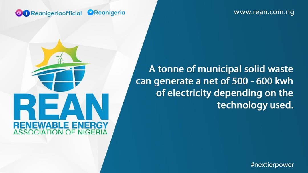 REANigeria's tweet photo. Did you know?
A tone of municipal solid waste can generate a net of 500 - 600 kwh of electricity depending on the technology used.
.
.
.
.
.
#SolarEnergy #facts #education #RenewableEnergy #changemakers #cleanenvironment #Nigeria #nextierpower #abuja #rean #foodsecurit https://t.co/xDjDkoQTjb