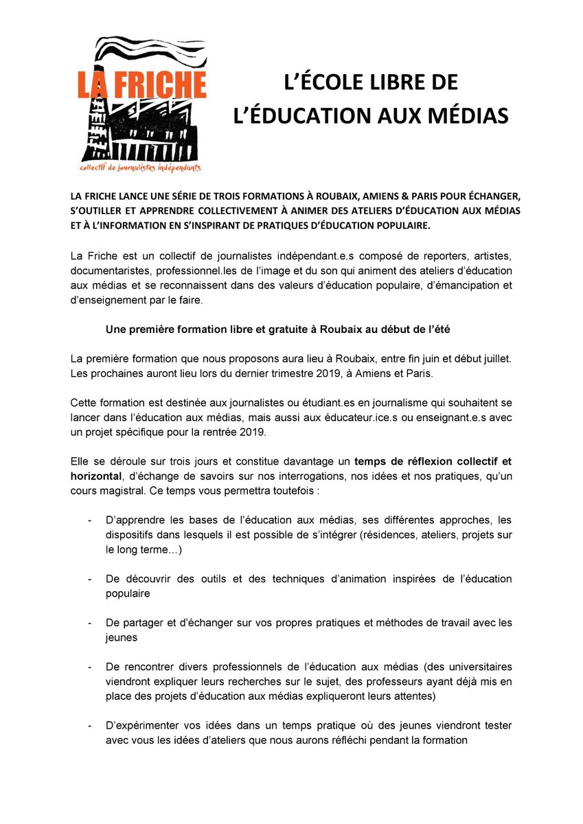 friche_la's tweet photo. 🔥 La Friche lance son "école libre de l'éducation aux médias" 🔥
Une série de formations gratuites et d'échanges avec des outils d'éducation populaire. La 1ère a lieu fin juin, à Roubaix, et les inscriptions sont ouvertes jusqu'au 27 mai.
Plus d'infos ci-dessous. RT appréciés 😉 https://t.co/dKs8FifOKD