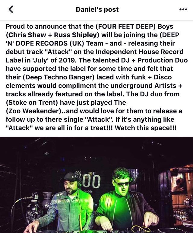 fourfeettweets's tweet photo. The cats out the bag, we are super stoked to be joining the @deepndoperecords family with our debut track ‘attack’ this coming summer🥳
#fourfeetdeep #attack #debutsingle #deepndope #records #house #techno #acid #ravers #housemusic #housemusicallnigh… https://t.co/dafAmi82rs https://t.co/P69Vae8m9i