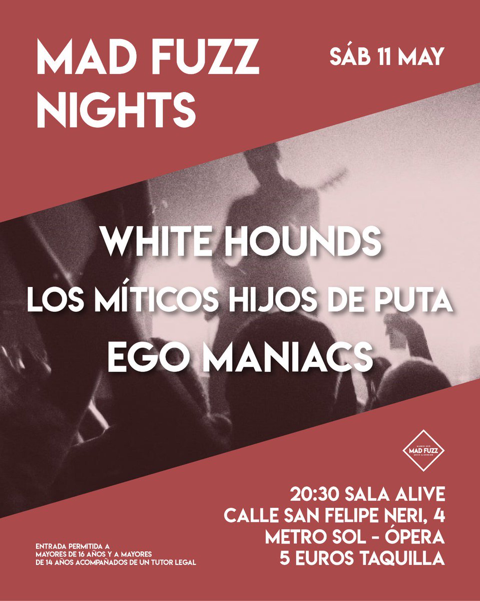 Este sábado día 11 de Mayo nos visitan a Mad Fuzz <a href="/whitehoundsband/">WHITE HOUNDS</a> un grupo muy especial recién llegados de Barcelona 😈🍭, además estarán acompañados por #LosMiticosHijosDePuta y <a href="/ego_maniacs/">Ego Maniacs</a> 

Vamos a tener mucho RRRROC este fin de semana, os esperamos a todos! 🔥🔥🔥