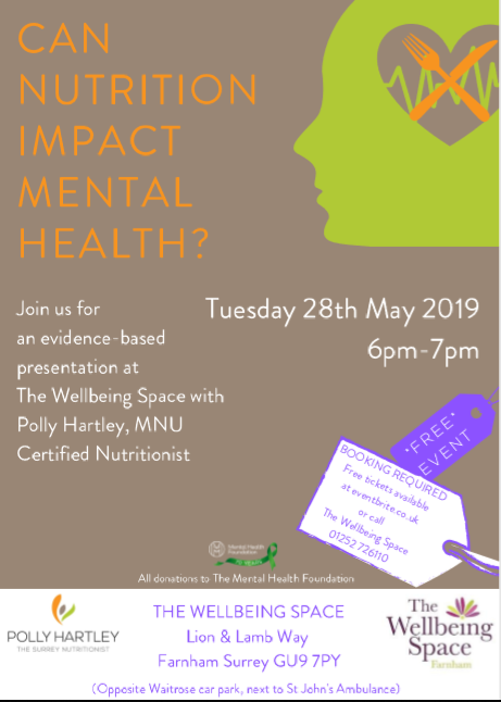 Polly_Hartley's tweet photo. FREE presentation, Farnham Surrey 28 May 2019.  Nutrition &amp; Mental Health #MentalHealthAwareness #mentallhealthawarenessmonth #nutrition #nutritionist #corporateevents #Wellbeing #wellness #farnham #surreynutritionist https://t.co/YVRxt2zgQo