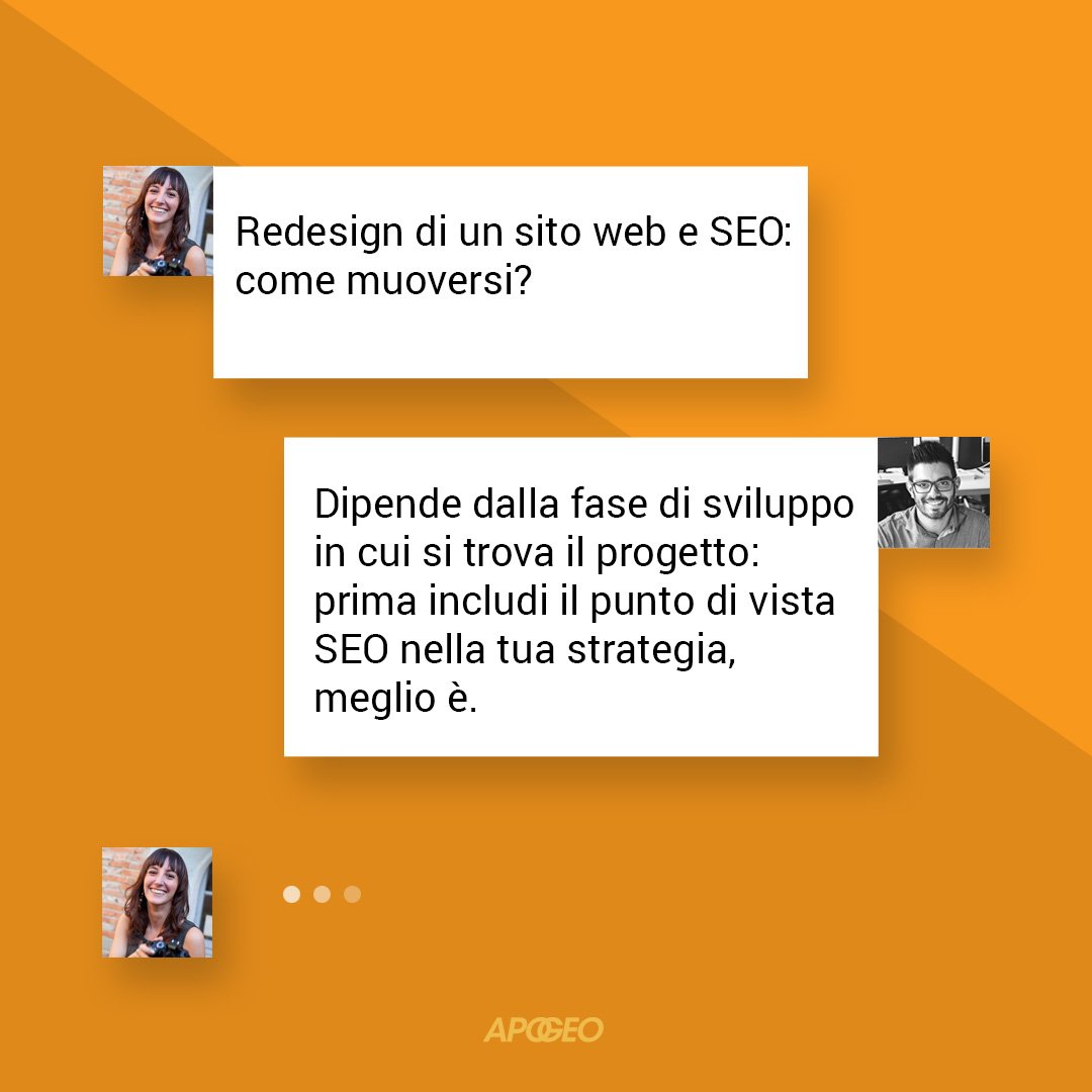 Hai in progetto il redesign del tuo sito, ma non sai come muoverti? A che punto della progettazione è necessario prevedere la #SEO? Il primo consiglio ce lo dà <a href="/Zan_Elia/">Elia Zanon</a> di <a href="/mocainteractive/">MOCA</a> 
Continua a seguirci, ti porteremo dietro le quinte del nuovo sito Apogeo!