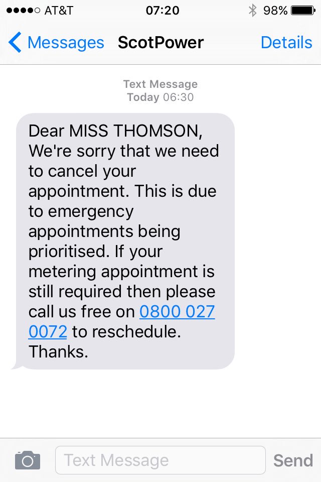 JenThomson87's tweet photo. @ScottishPower a joke. I was told no appointments can be prioritised and then I receive this text message!! What constitutes a priority? My current meters are over 8 feet high and unsafe to reach hence why I asked for them to be changed in December! I need my current complaint to https://t.co/h3m6Rd3s9x