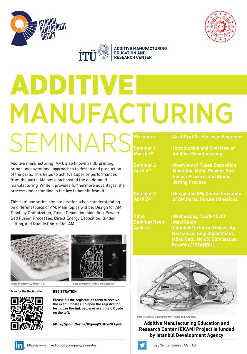 Eklemeli İmalat seminer videoları İTÜ Makina Fakültesi youtube kanalında yayınlanmıştır. Seminerleri kaçıranlar ve izlemek isteyenler aşağıdaki linkten seminer videolarına ulaşabilirler:
youtube.com/channel/UCiF6a…

#İSTKA #İTÜ #yenilikçiistanbul