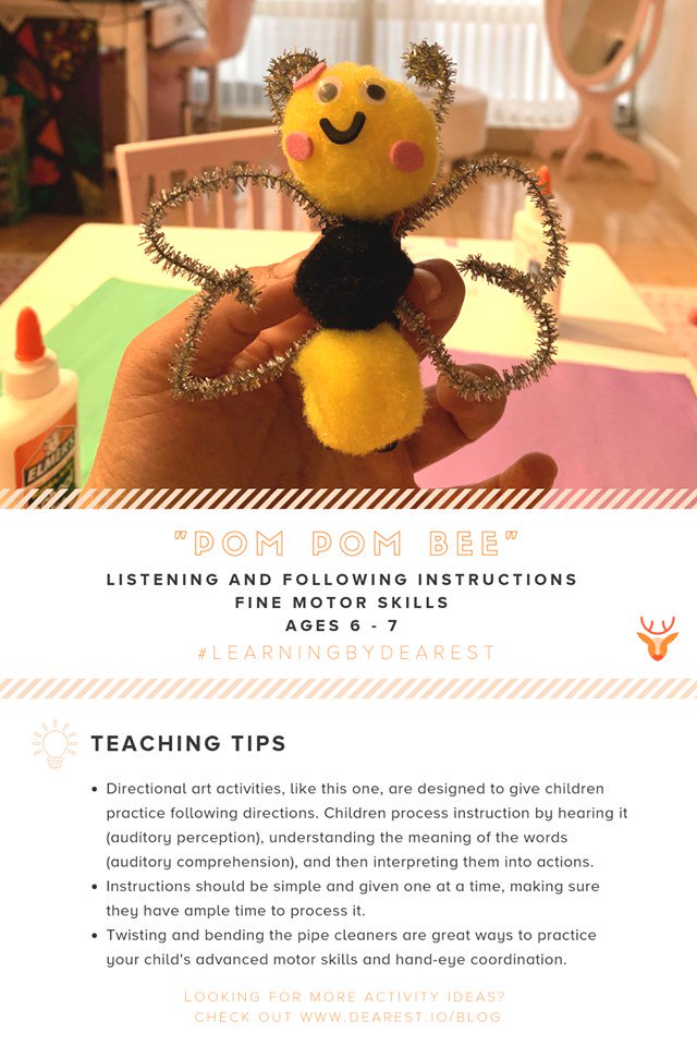 Dearest_Team's tweet image. Do a simple bee craft with your kids this Spring! "Pom Pom Bee" is an activity designed to give children practice following directions and to promote their creativity! Check it out here: blog.dearest.io/pom-pom-bee/