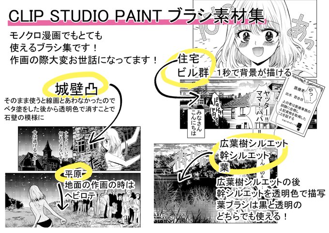 #ブラシ素材集
デジタルでマンガを描くのにあたって、とても助けられているのがマール社の背景カタログと、ホビージャパンのブラシ素材集です。カラーでもモノクロでも応用できてとても便利!背景や質感の描写の向上と時短が同時にかなって感動しました。 