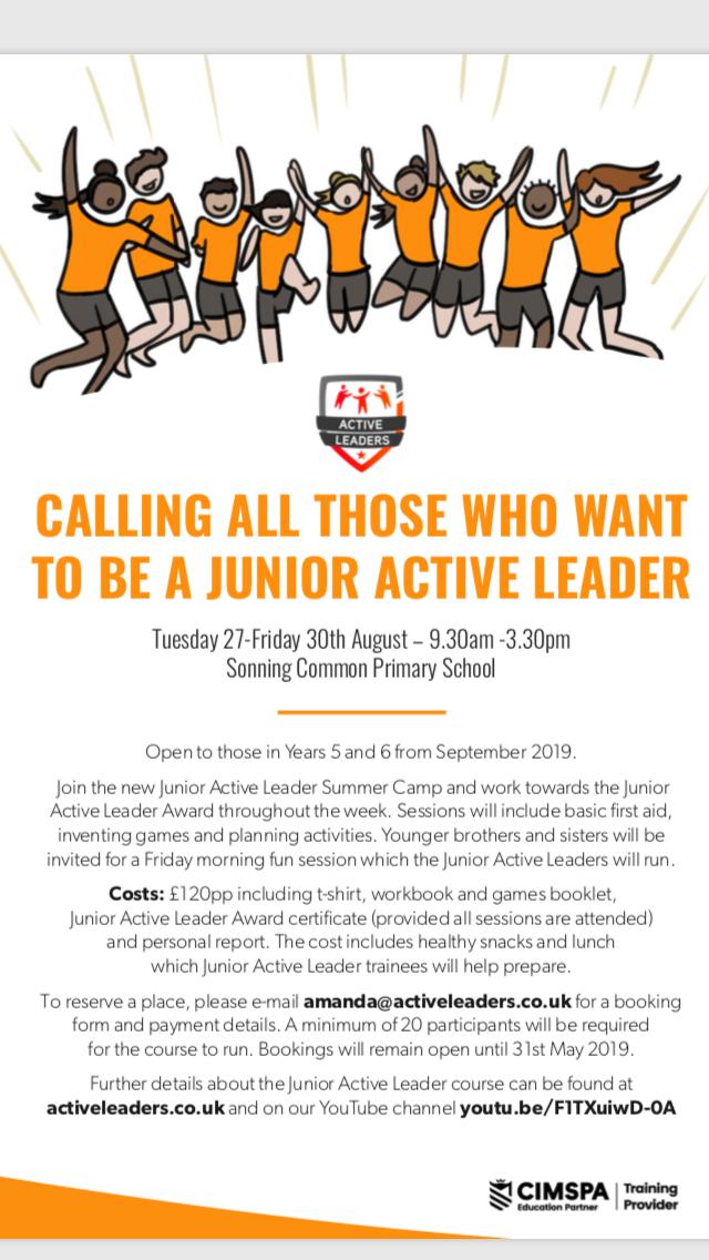 LeadersActive's tweet photo. @sonningcommonps 
Looking forward to working at @sonningcommonps with our Junior Active Leaders Summer Camp in August! 👍 https://t.co/1pIlQzAPlA