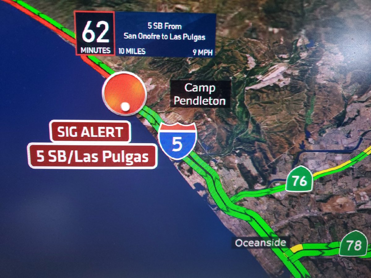 1ST ALERT TRAFFIC
SIG ALERT!
5 South, Camp Pendleton near rest area.  2 Lanes Closed through at least 7:30.  Live reports #NBC7
