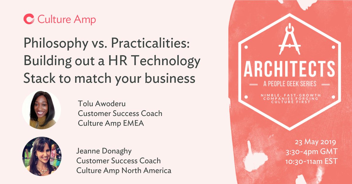 CultureAmp's tweet photo. Building a #CultureFirst org has never been more challenging ➡️ it requires the right HR stack to match your business, culture, and strategy. 

Join our Customer Success Coaches, Jeanne Donaghy and Tolu Awoderu, on 5/23 to learn more in a webinar. https://t.co/ZfeQM7pfOx https://t.co/Y3JC5yhqzd