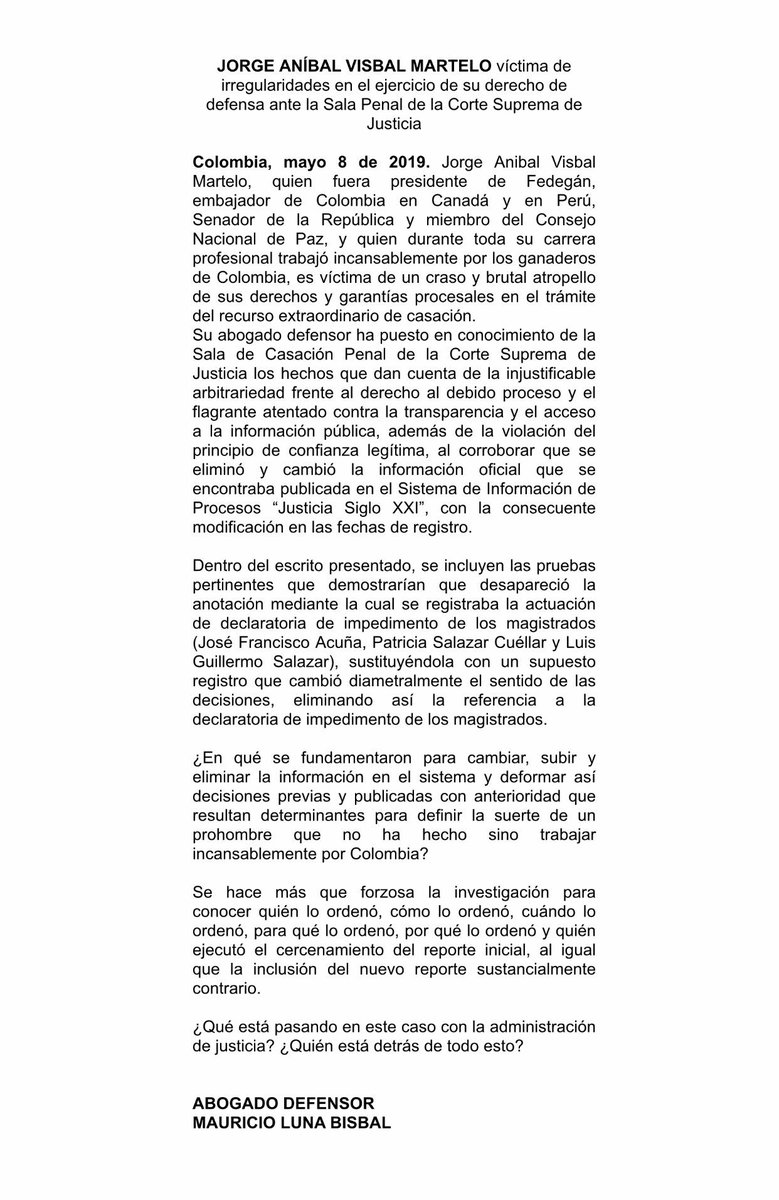 cristinaplazasm's tweet photo. Es urgente que la Corte responda ante esta denuncia de Jorge Visbal. No se puede perder la confianza en el sistema de información de la rama. https://t.co/pWxgbezJQZ