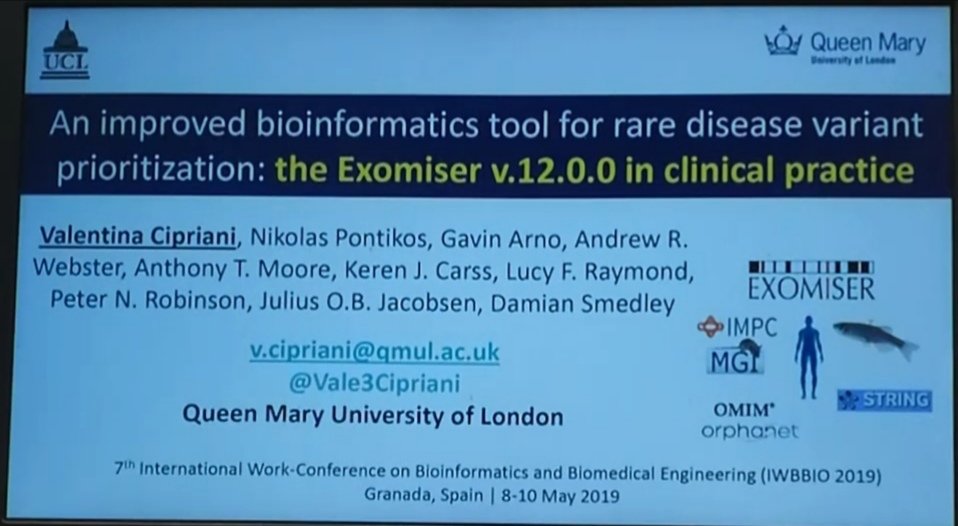 Val3Cipriani's tweet photo. Excited to be in Granada at the 7th #IWBBIO2019 talking about #Exomiser in clinical practice. Very grateful to the Centre for Computational Biology @QMUL_LSI to fully support my travels with the Showcase Award @QMUL
@QMULWHRI @QMULBartsTheLon
@QMULnews @MonarchInit @hp_ontology https://t.co/fxSjqj4aHv