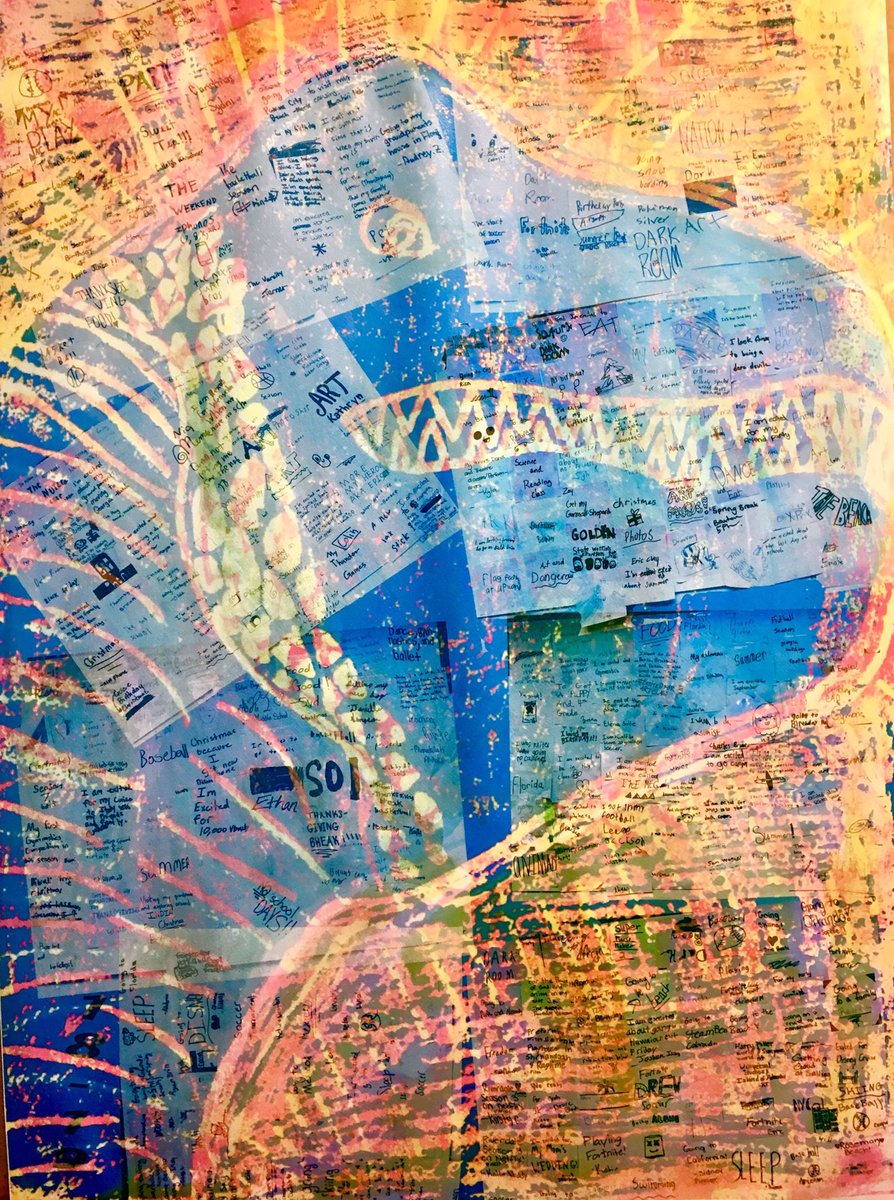 jedmison12's tweet photo. Our LS collaborative composition for 18/19. Notes about the things that excite and motivate all of our LS students combined with a 3 color reductive process print by Samuel, 5th gr. #WoodwardWay #WALower https://t.co/fwaY3Tslit